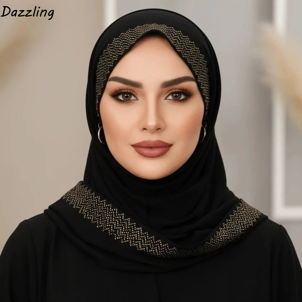 

Дышащий шифоновый хиджаб с камнями, солнцезащитный однотонный гладкий шелковый платок, длинный, впитывающий пот, тонкий, большой шарф