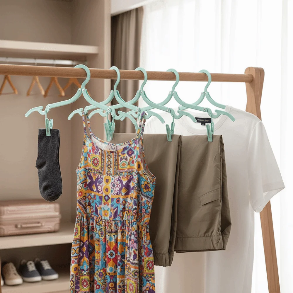 عدم الانزلاق شماعات ملابس قابلة للطي 6 الشماعات 12 مقاطع تجفيف الملابس الرف توفير المساحة مع حقيبة التخزين شماعات ملابس قابلة للطي