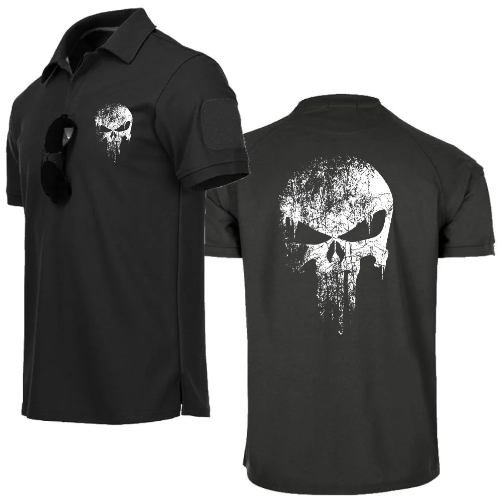 Mens Polo Punisher Skull 3D Military Style Shirts Hunting Fishing Sportswear Stretch Breathable Short Sleeve Men Clothing