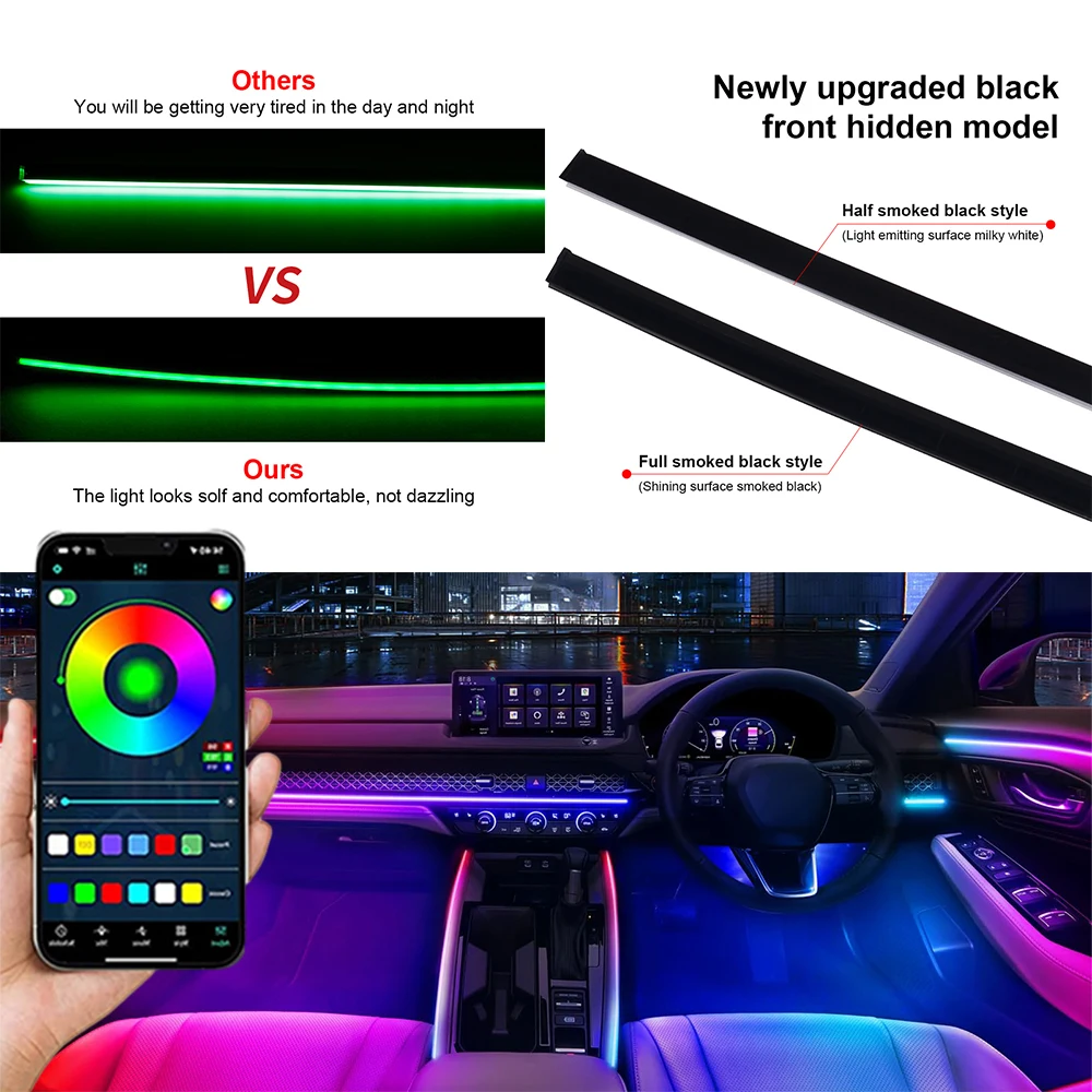

Автомобильная скрытая окружающая полоса, дымчато-черная акриловая полоса, RGB симфония, интерьерная темная отделка, украшение, атмосфера, управление через приложение для телефона