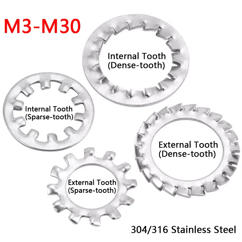 304 A2 Stainless Steel External Internal Serrated Lock Washer Star Toothed Spacer Gasket M2 M2.5 M3 M4 M5 M6 M8 M10 M12 to M30