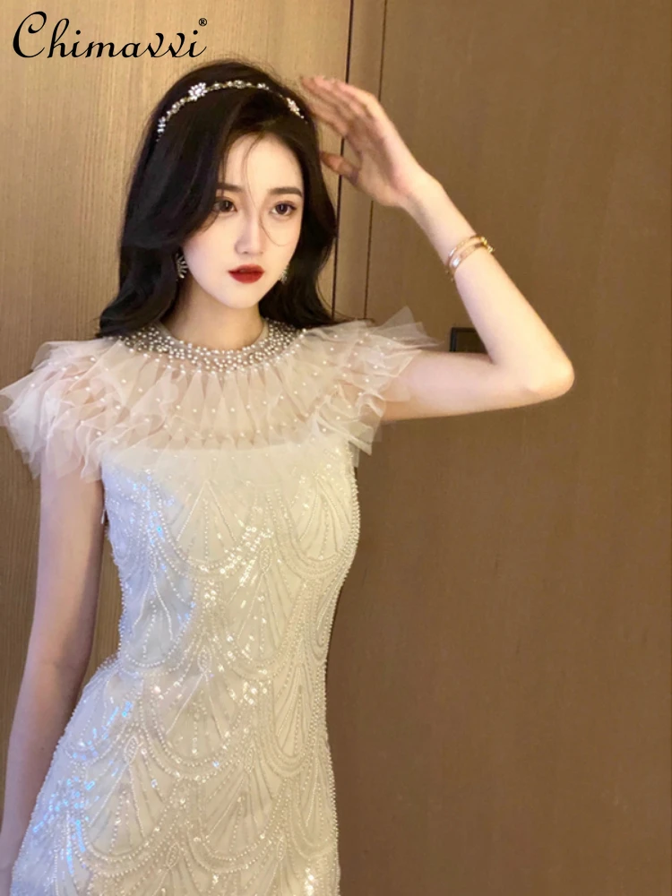 

Birthday Party Dress Women Summer French Temperament Lace Beaded Sequined Flying Sleeves High Waist Tight Sheath Mini Dresses