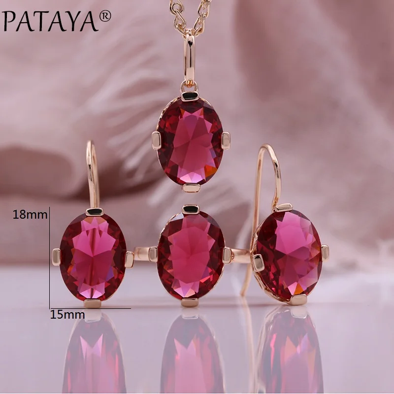 PATAYA New Red Round Drop Natural Zircon Women Sets 585 Rose Gold Color Dangle Earrings Wedding Party Fine Fashion Jewelry Set