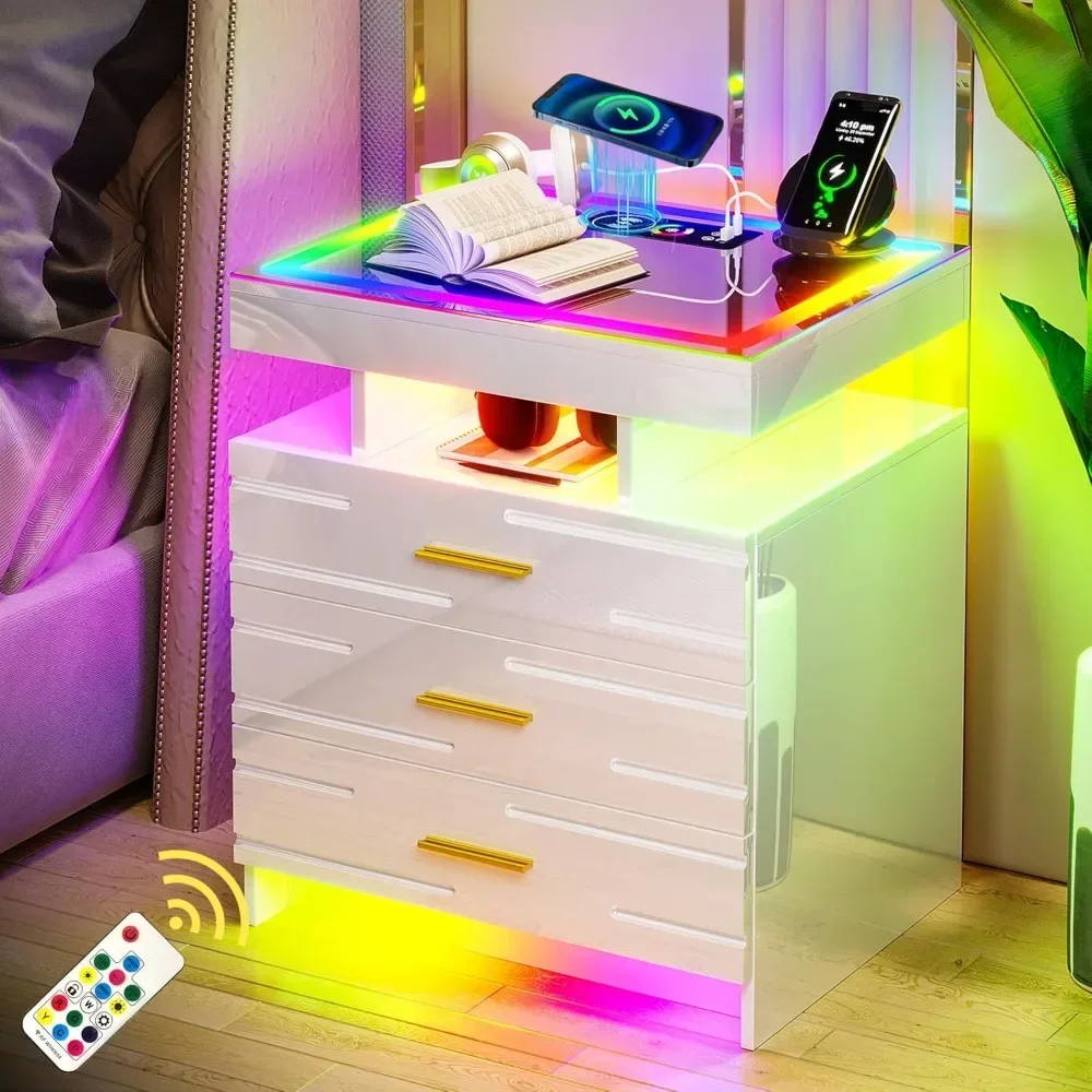 LED Nightstand with Charging Station White Night Stand with Touch Screen Glass Nightstands with Dazzling Light by Remote