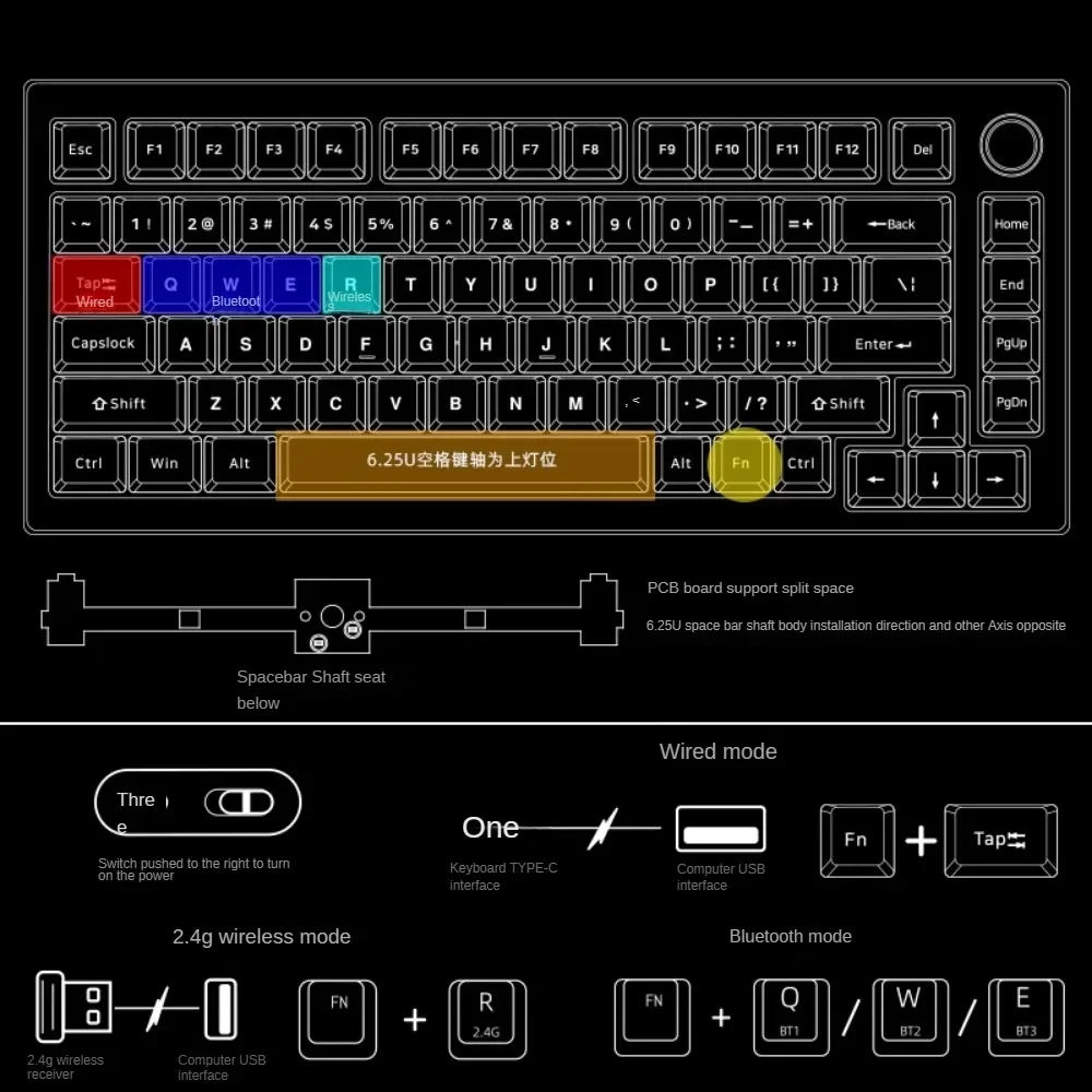 Heijishi al75v2 teclado mecânico bluetooth 2.4g sem fio com fio tri-modo rgb cnc alumínio morcego kit de posição de luz inferior diy