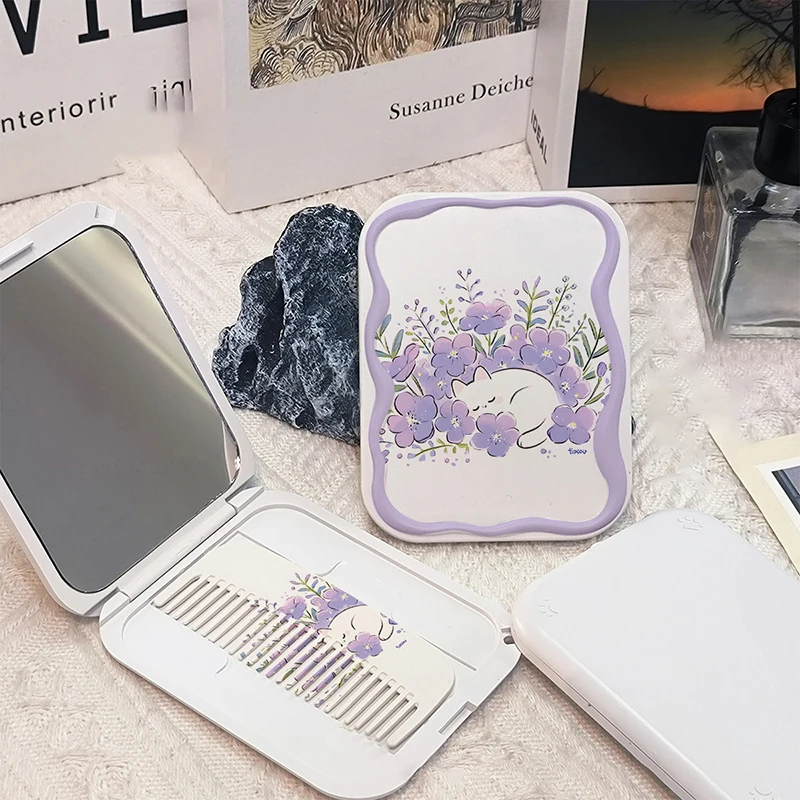 Fiori Flip-Top specchio per il trucco pieghevole specchio tascabile portatile specchio per il trucco cosmetico rettangolare da donna con pettine