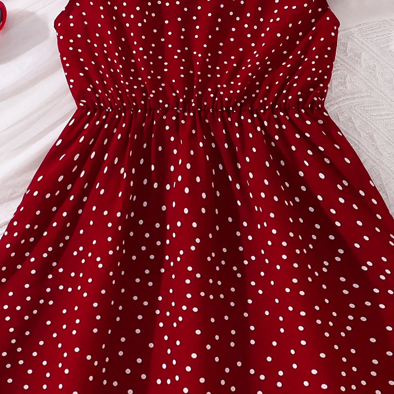 Dress For Girls 8-12 Years V-neck Small Flying Sleeves Polka Dot Dress Button Trim Comfortable And Cool