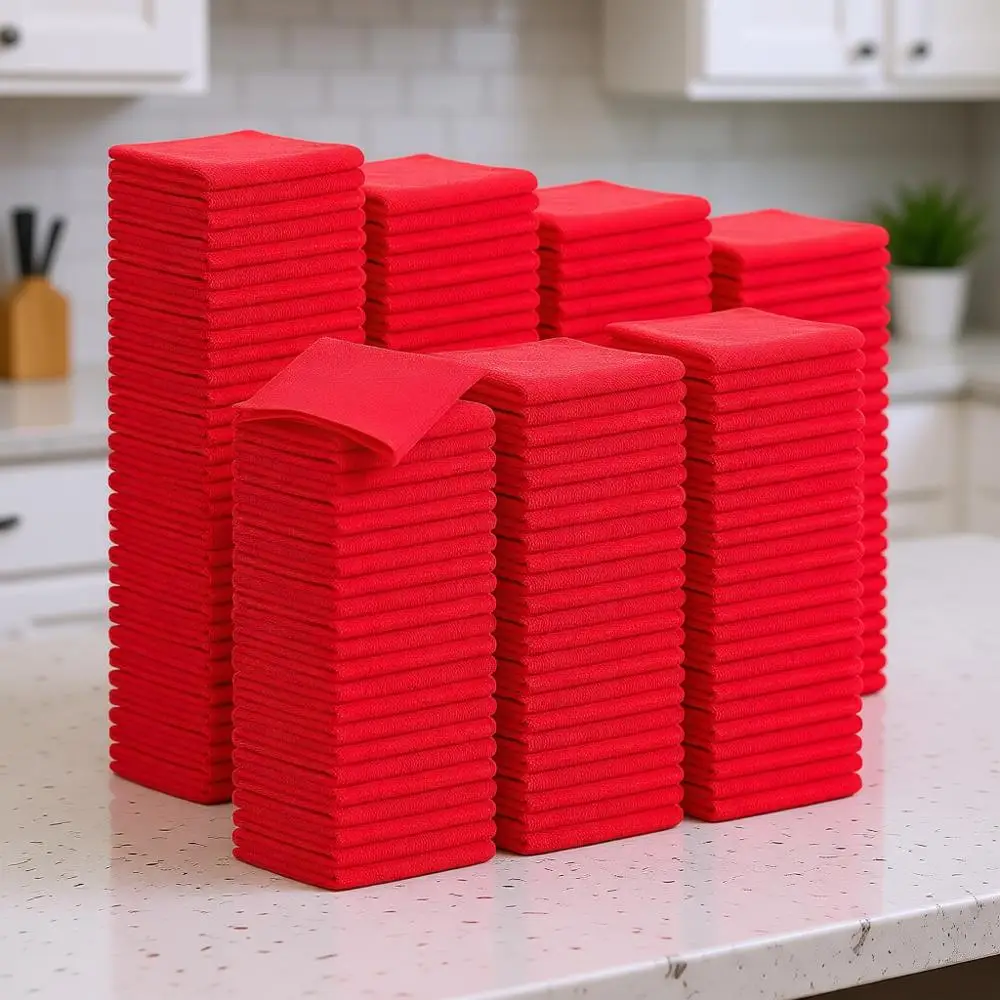 

100 Pack 12x12 Inch Reusable Microfiber Cleaning Cloths - Highly Absorbent Rags for Home, Kitchen, Car & Windows (Red)
