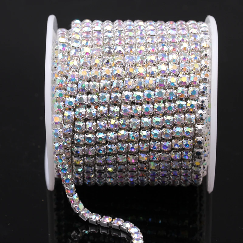 1Yrads/lot ss6-ss18  dense Crystal ab   in silver  base close rhinestone chain Cup chain for clothing ornament accessories