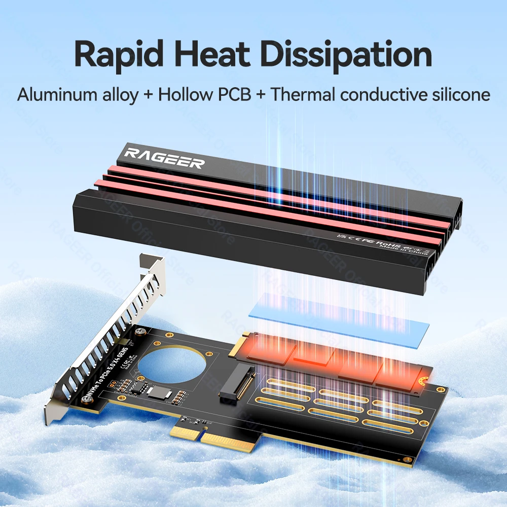 RAGEER PCIe 5.0 M.2 NVMe 어댑터-128Gbps 대역폭, 2280/60/42/30 SSD와 호환, PCIe 4.0/3.0/2.0과 호환