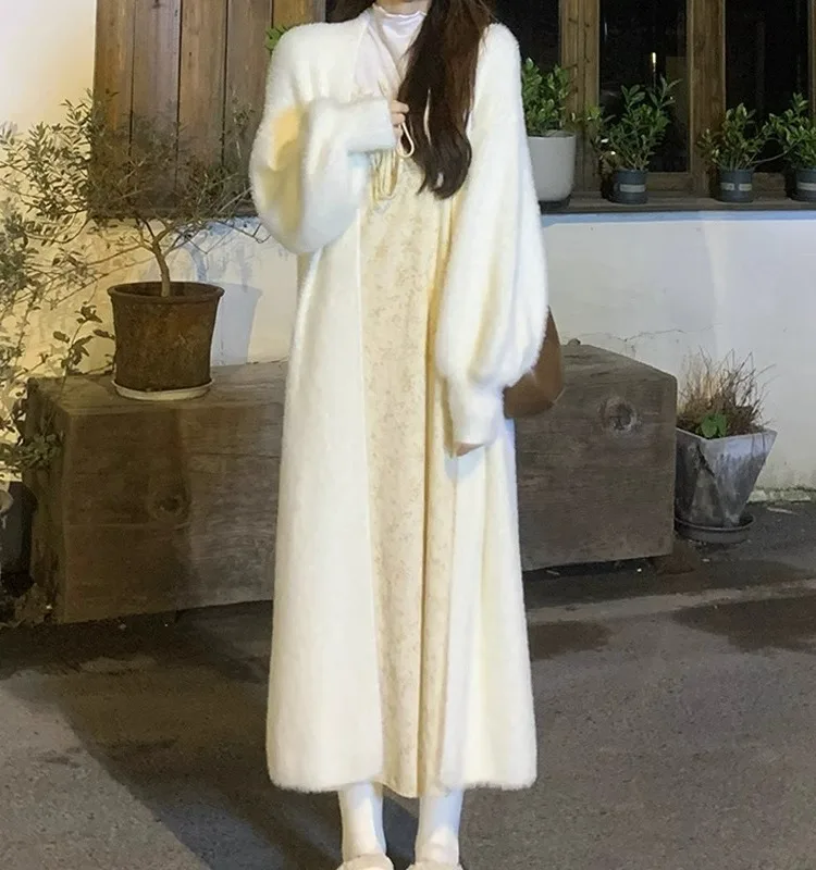 

Soft Thiened Knitted Sweater Coat Women's Autumn Winter Pure Desire Outerwear Medium Length Fake Fur V-ne Open Card...