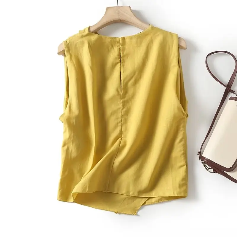 Withered British Ladies Pleated Sleeveless Shirt Cotton Linen Top Fashion Office Comfortable Casual Commuting Summer Shirt Women