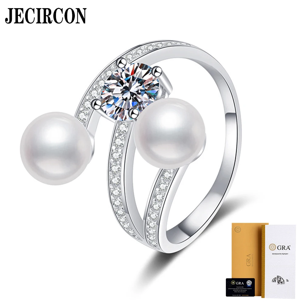 

JECIRCON S925 Sterling Silver 1ct Moissanite Ring for Women 7.5-8mm Natural Freshwater Double Pearl Ring Ring Opening Adjustable