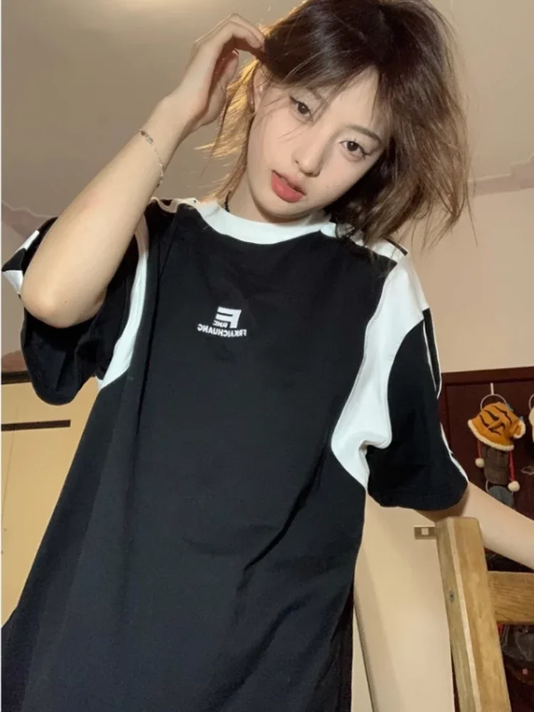 

Trendy Summer Loose Casual T-Shirt All Match Contrast Color Patchwork Tshirts Women Grunge Letter Print Tee Shirts Y2k Aesthetic
