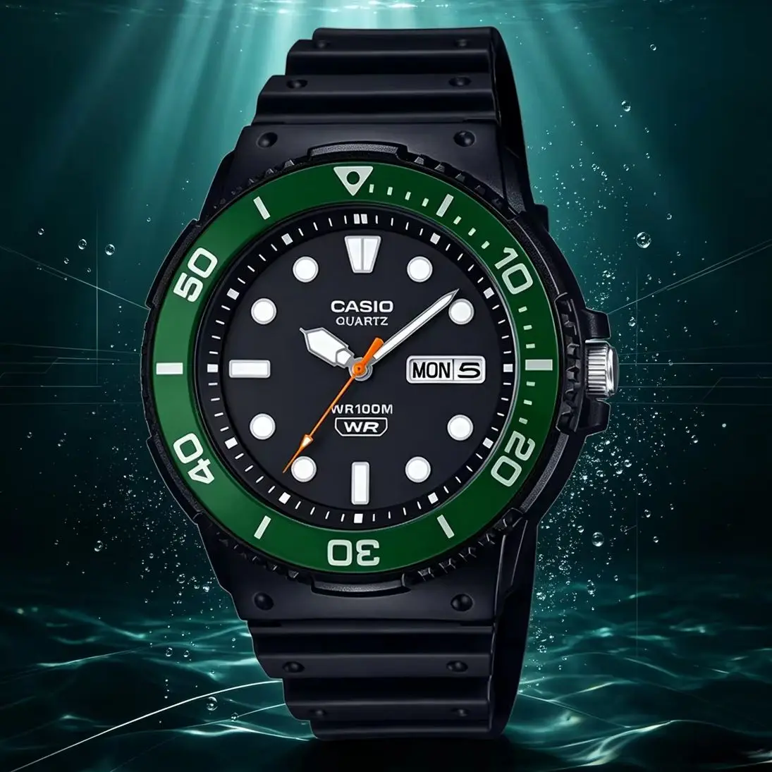 Casio MRW‑230H Series | Marine‑Inspired Analog Watch | Rotating Bezel | 100M Water Resistance | Resin Band | Day Date Display