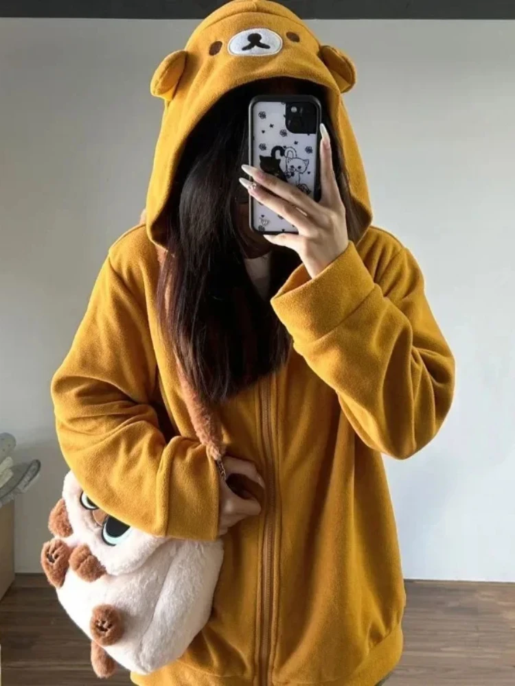 Houzhou kawaii zip up hoodies feminino japonês menina estilo preppy bonito urso camisolas doce lolita bordado topos de grandes dimensões