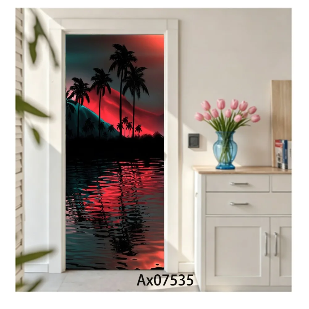 Ocean Beach Palm Tree Door Decal Waterproof Removable Gradient Blue Palm Silhouette Household Entrance Front Door Wall Art Decor