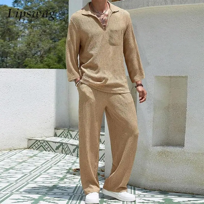 Vintage Polo Collar Long Sleeve Shirt And Pants Mens Tracksuits Loose Solid Color Texture Two Piece Suits Men Fall Fashion Sets