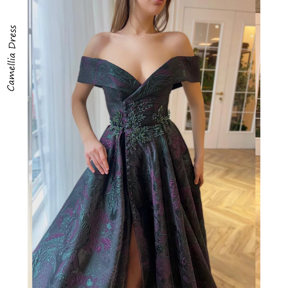 Vestidos De Noche De corte en A para mujer, traje Formal con abertura en la pierna y hombros descubiertos De cristal para Fiesta