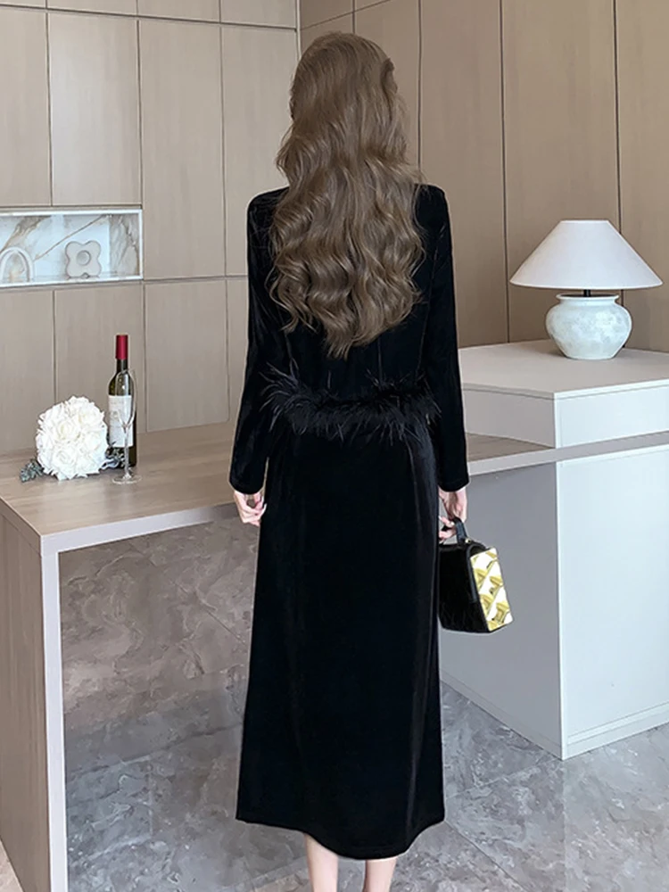 Vintage Black Velvet 2 Pieces Outfit Ladies Women Elegant Simple Short Tops Shirt Blouse And Midi Skirt Mujer Set Street Clothes