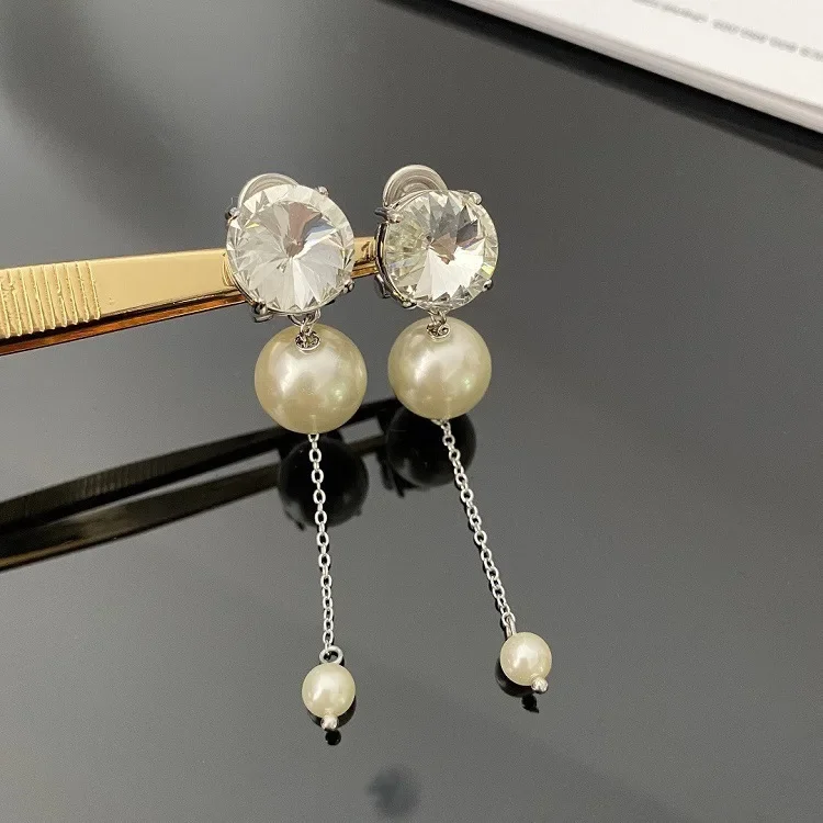 European and American new products  princess size double pearl simple ear clips light luxury crystal rhinestone