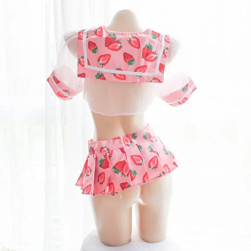 Lindo vestido de marinero Lolita con estampado de fresa, disfraces eróticos, uniforme de niña escolar, conjunto de lencería Sexy Kawaii, ropa interior