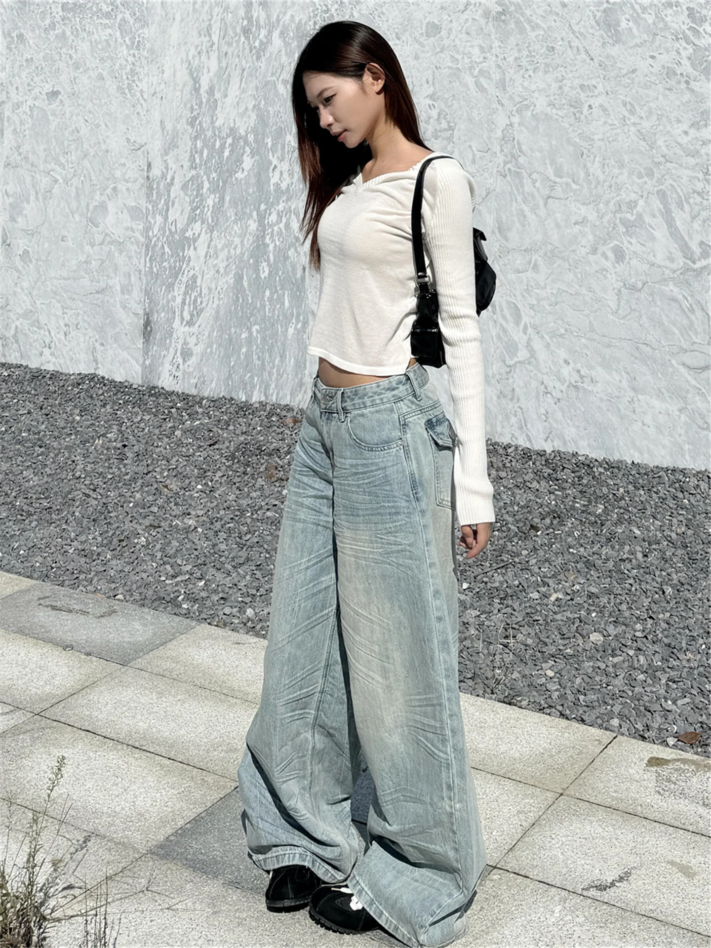 

Extended High Waist Pleated Low Rise Wide Leg Jeans Women's Loose Slimming Design Spring Casual Cotton Jeans Floor Length
