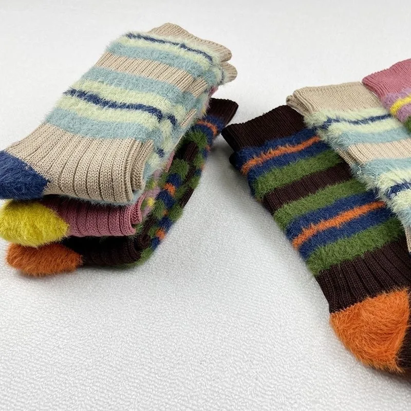 3 Paar lange, flauschige Damensocken mit mittlerer Wade, gestreift, farbblockierend, warm, für Herbst und Winter, lockere Socken für Mädchen, modisches Slouch-Socken-Set