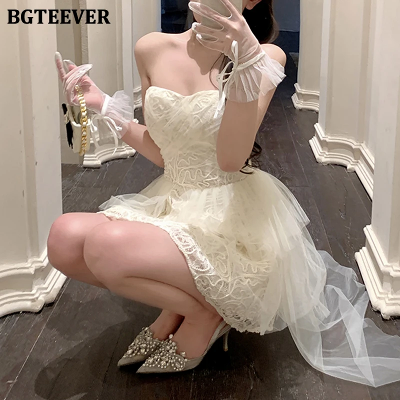 Bgteever elegante feminino sem mangas a linha vestido de festa primavera verão elegante magro senhoras sem alças mini vestido feminino vestido de renda