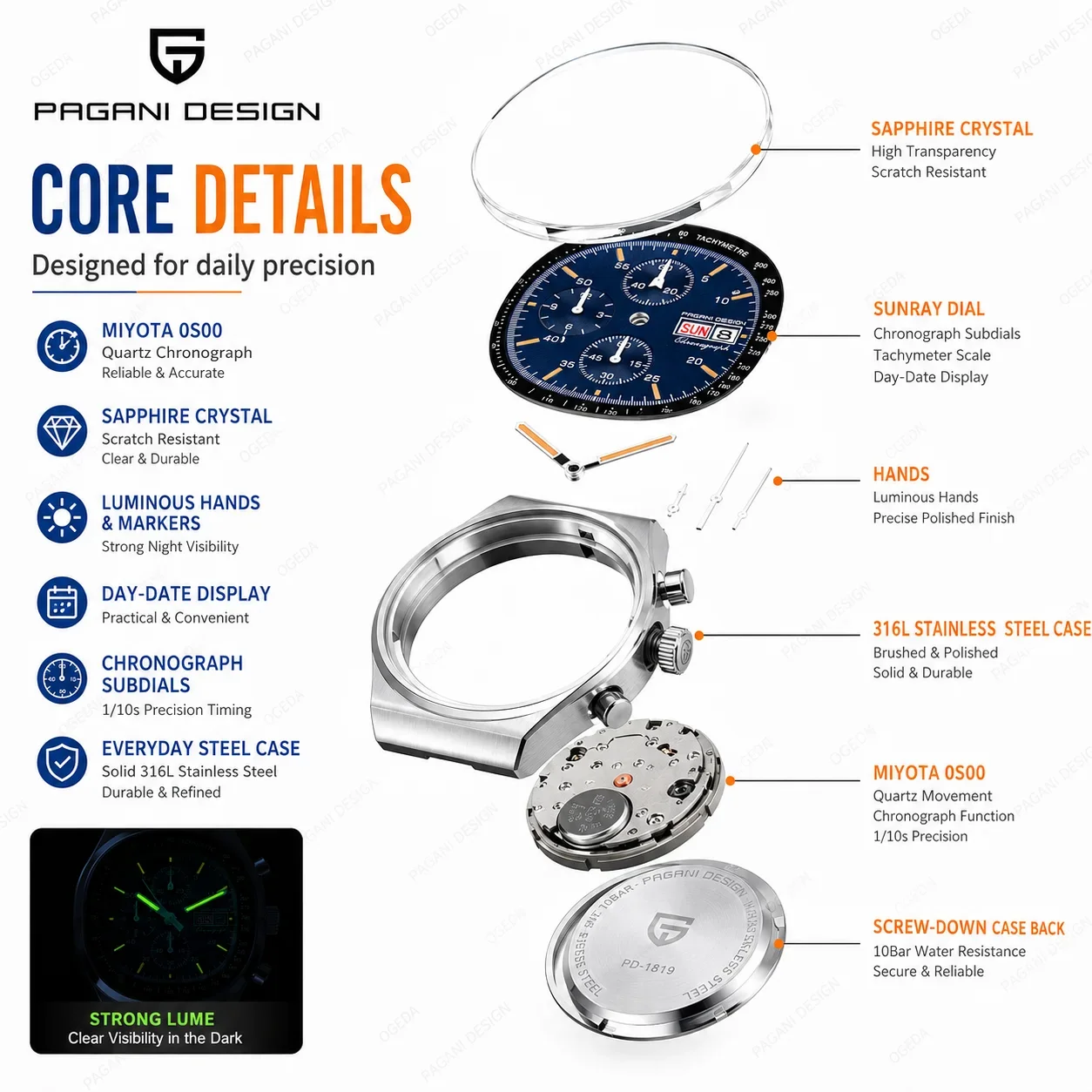 PAGANI DESIGN PD1819 Men's Quartz Chronograph Watch Japan 0S00 Movement Speed Tester Sapphire Waterproof Chronograph Watch Reloj