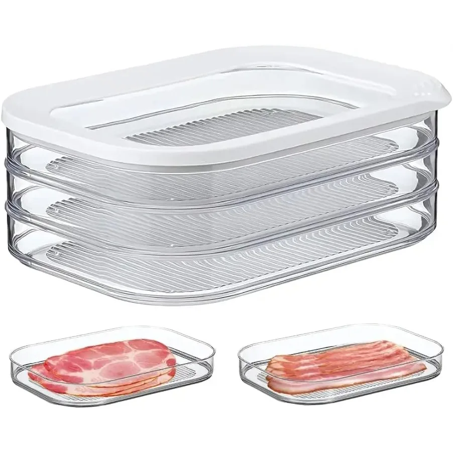 Caja de almacenamiento de alimentos redondeada con tapa, juego de 3 unidades para cortes fríos, queso y tapa con marco transparente de diseño más apilable