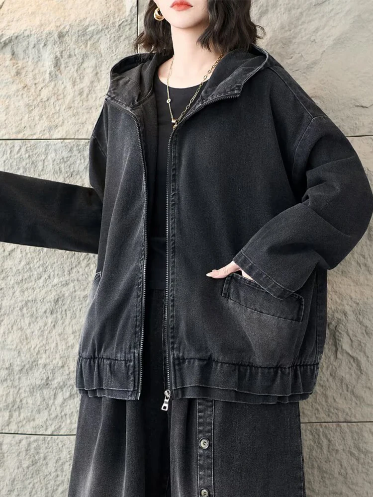Amax LuluE 日本製ヴィンテージ風ルーズフード付きデニムジャケット レディース 2026 ファッション クラシック 無地コート レディース カジュアル オーバーサイズ アウターウェア