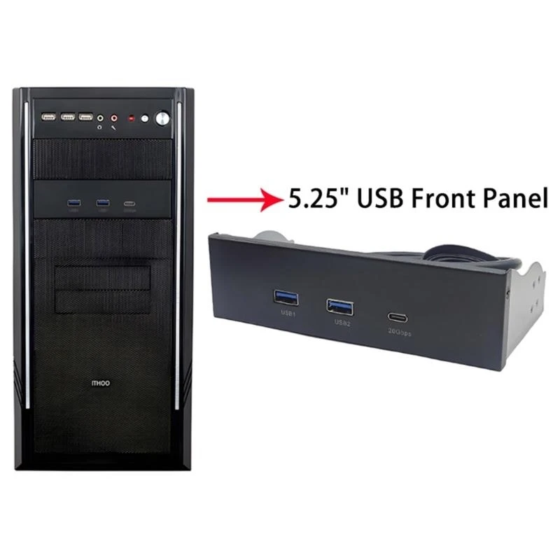090F 5.25 polegadas Bay Bay Painel USB com porta dupla USB3.2 e porta Tipo C para PC
