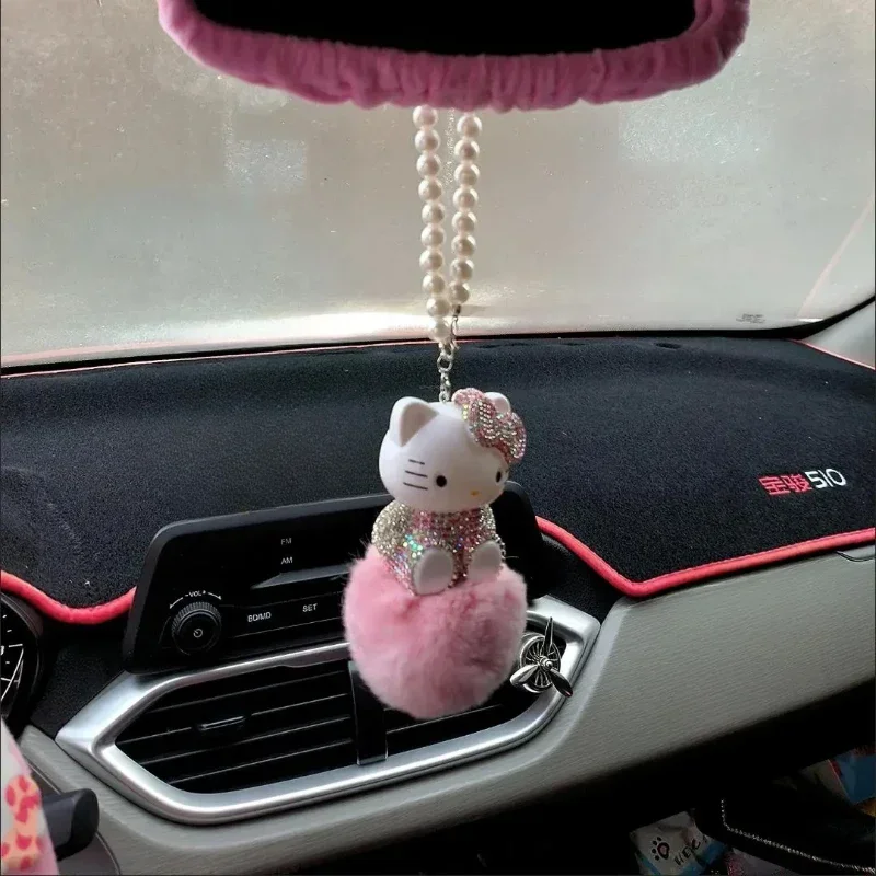 MINISO HelloKitty Car Hair Ball Diamond Pendant Car Pendant Interior Ladies Cute Car Rearview Mirror Handmade Decoration Gift