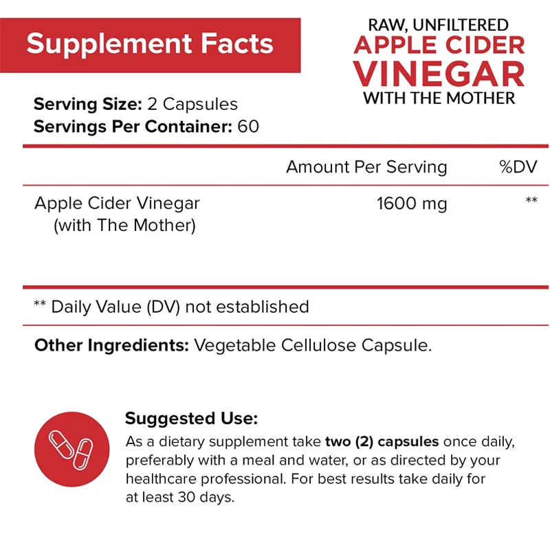 Apple Cider Vinegar Capsule Supplement 1600 mg - Natural Weight Management and Metabolism