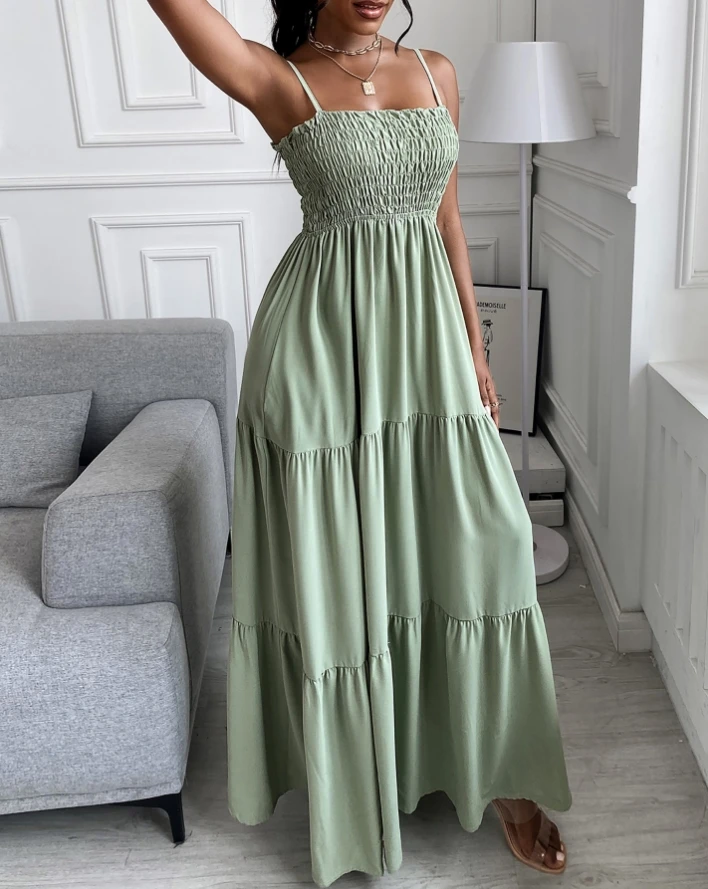 

Vintage Dresses for Women 2024 Square Collar Sleeveless Strappy Swing Beach Pleated Shirring Detail Ruched Casual Maxi Dress