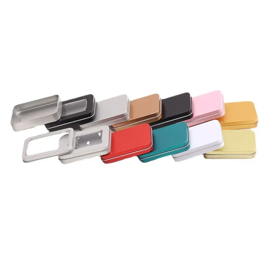 صندوق قصدير متعدد الألوان مع غطاء نافذة شفاف، صندوق مجوهرات مستطيل، علبة عرض فنية للأظافر، علبة حلوى فارغة، صندوق معدني