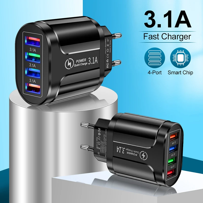4-Port USB Charger Block 3.1A Fast Charging EU Plug Power Adapter With Smart Chip Over-Voltage Protection For Travel And Home