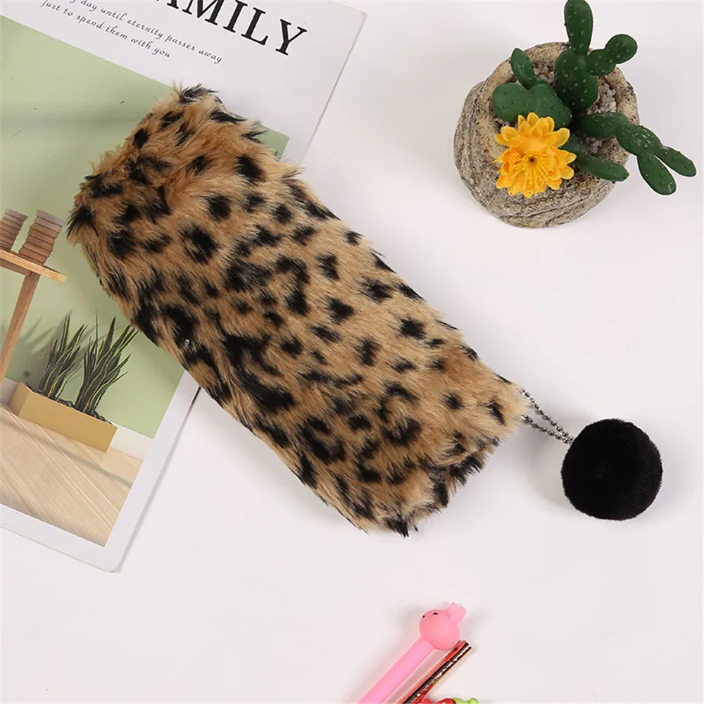 Leopard Plush Pencil Pouch Fashion Ins Pencil Cases Large Capacity Pencil Box Makeup Bag Cosmetic Organizer Pouch Stationery