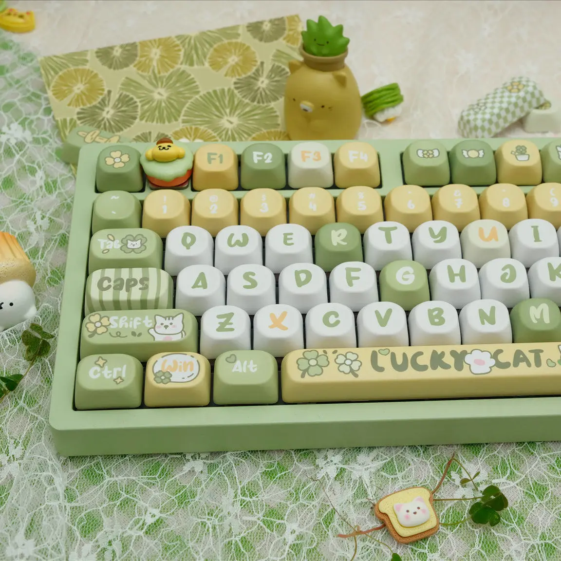 125Keys Lucky Cat Moa Highly Pbt Material Five-Sided Sublimation Keycap Spring Green Diy Keycap For Mechanical Keyboard