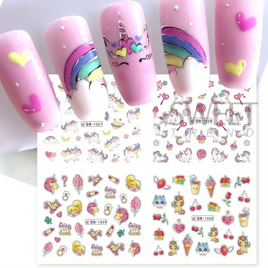 12 stuks Eenhoorn Nagel Water Stickers Roze Paard Zoete Liefde Ijs Donut Transfer Sliders Regenboog Dopamine Ontwerp Manicure Folie