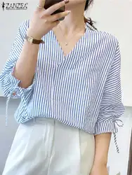 ZANZEA Women Stripe Print Shirt Casual Loose 3/4 Sleeve Blouse 2024 Summer V-neck Thin Tops Vintage Bandage Cuff Office Blusas