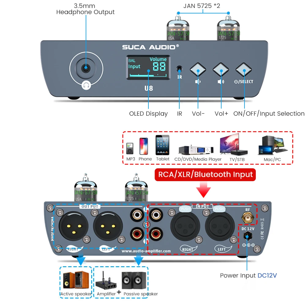 SUCA AUDIO U8 Bluetooth Amplifier QCC5125 CS4344 HIFI Tube Power Amplifier Front Stage APT-X LCAD RCA XLR Headphone Amplifier