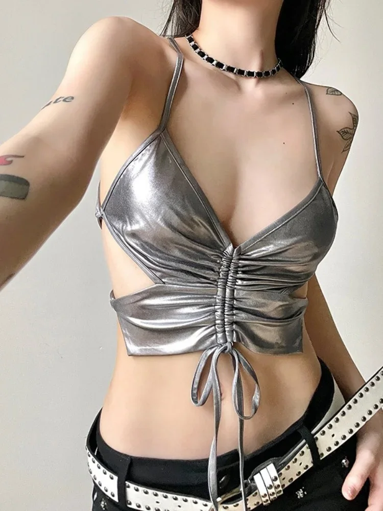 Silver Halter Top Women Edgy Clothes Y2k Accessories Butterfly Spaghetti Strap Crop Top Backless Club Outfit Tie Back Ropa Mujer