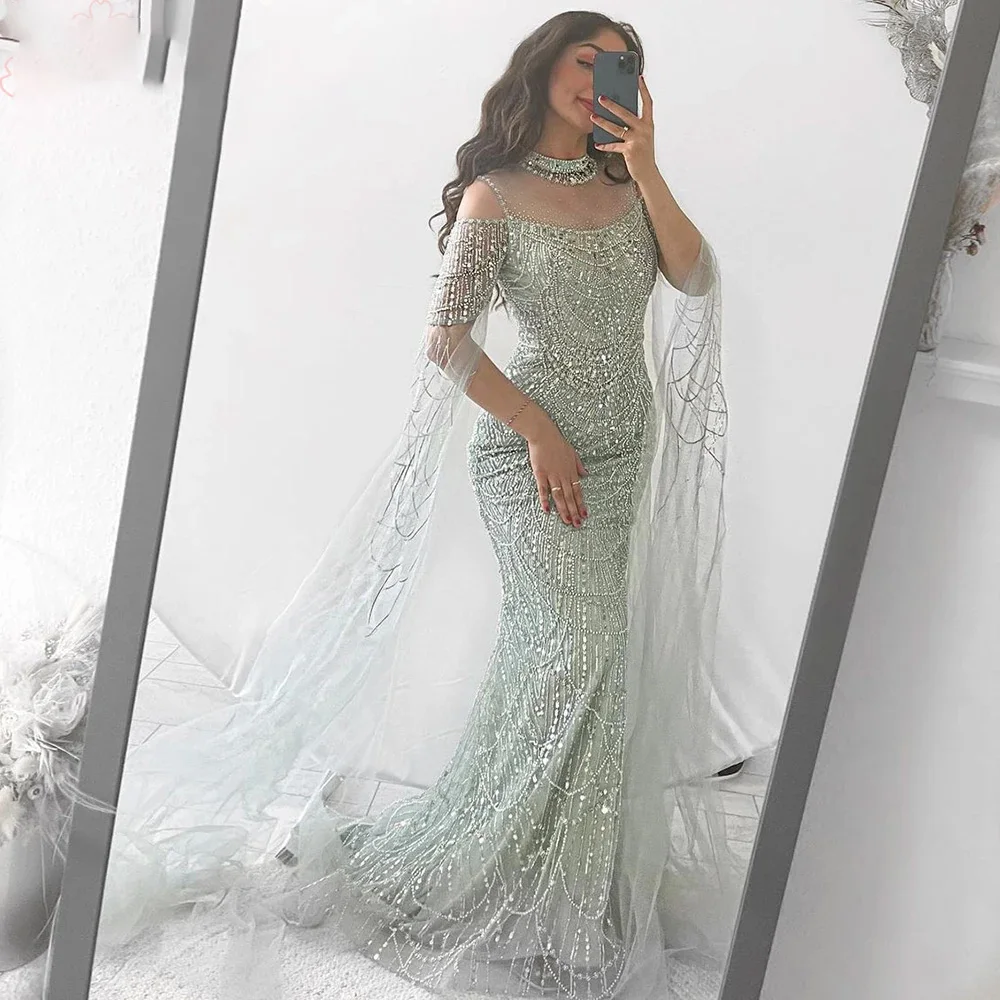 Customized Elegant Mermaid Evening Dress With Cape Sleeves 2024 For Women Beads Pearls High Neck Long Formal Prom Wedding Party