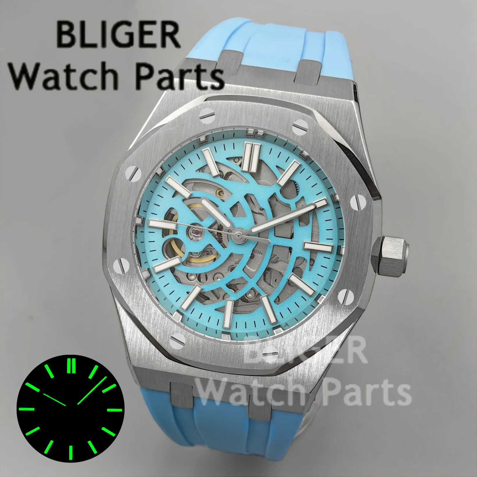 BLIGER 41 مللي متر NH70 ساعة ميكانيكية أوتوماتيكية مجوفة الهاتفي الياقوت الزجاج C3 مضيئة المطاط حزام الصلب الغوص ساعة للرجال