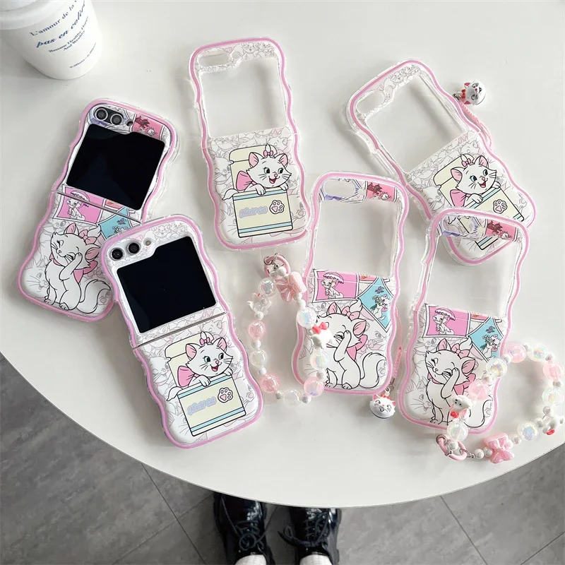 Cute Cartoon Disneys Marie Cat with Lanyard Phone Case for Samsung Galaxy Z Flip 3 4 Z Flip 5 5G PC Hard Anti-drop Cover Gift