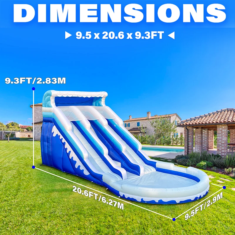 6,3-metrowa niebiesko-biała dmuchana zjeżdżalnia wodna Safari z basenem, plac zabaw, zewnętrzna zabawa wodna na lato, komercyjny sprzęt do wynajęcia