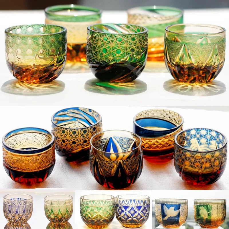 

2 oz Japanese Sake house Colored Sake Glass Edo Kiriko shot glass cold tea cup engraved soju glass cup Amber guest party