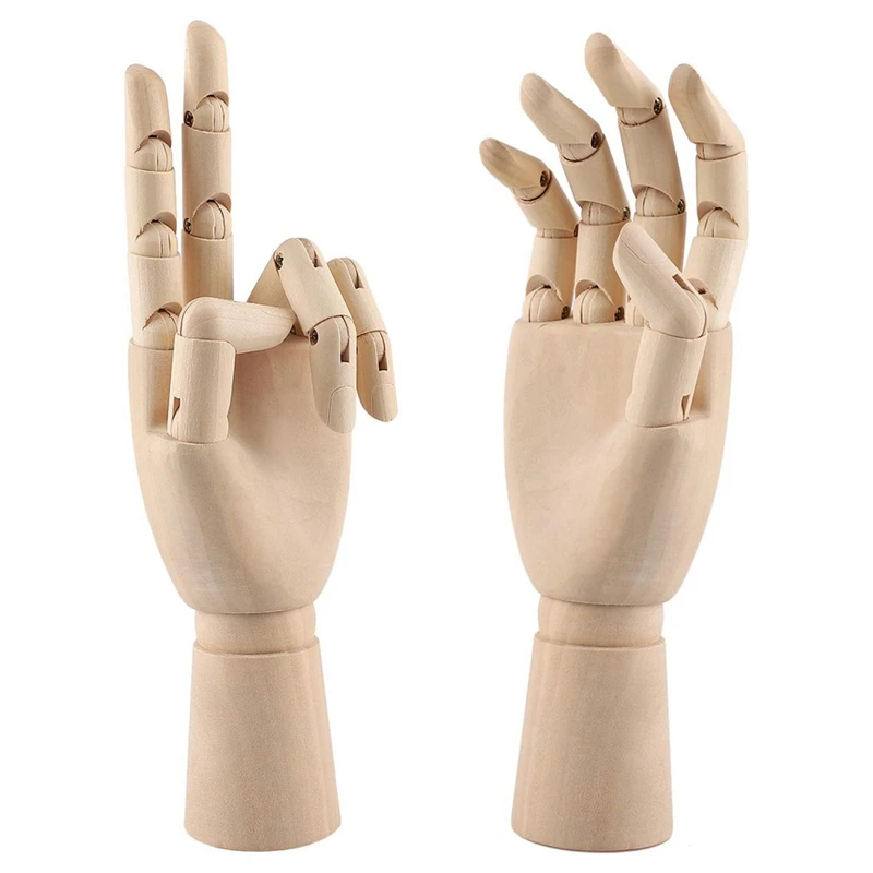 PWS Wooden Hand Model, 2 PCS, 12 Inches Left And Right Hand Art Mannequin Figure With For Hand Jewelry Display, Decoration